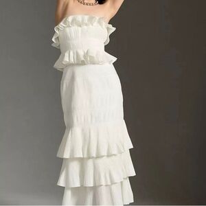 Let Me Be Strapless White Ruffle Tiered Midi Dress